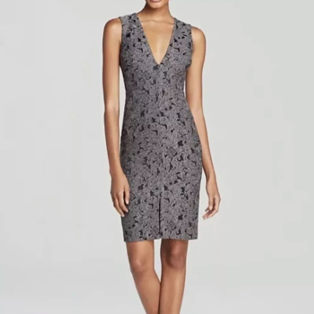 Alice + Olivia Brocade Lace Sheath Dress Gray/Black 6 Cocktail Wedding Party